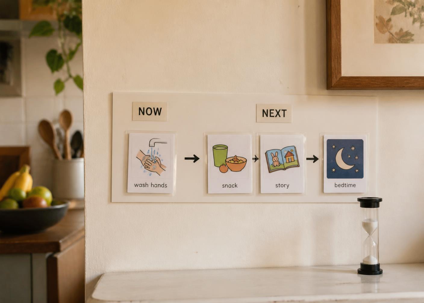 A now-and-next visual routine board on a kitchen wall beside a sand timer