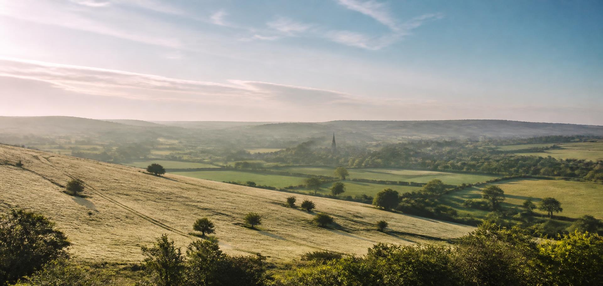 Wiltshire chalk downland in morning light with fields and a distant village church spire
