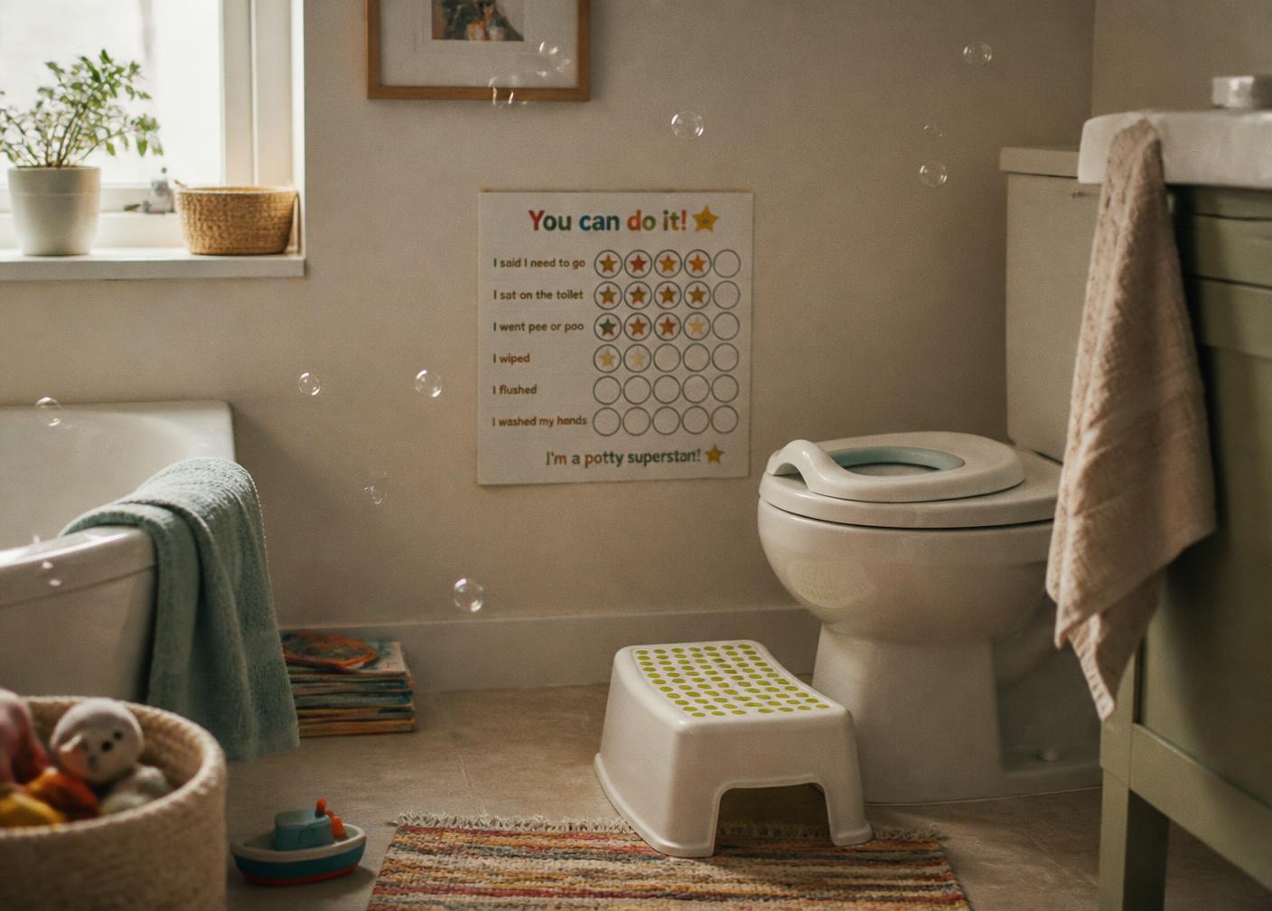 A family bathroom with a child's step stool, toilet seat and a sticker reward chart
